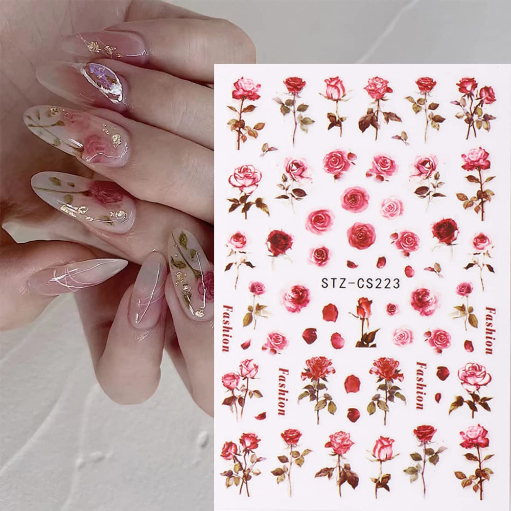 BMKKOT stickers applied on acrylic nail showcasing immediate floral finish