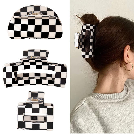 Bmobuo front view of three checkered clips showing pattern and shapes, stylish finish