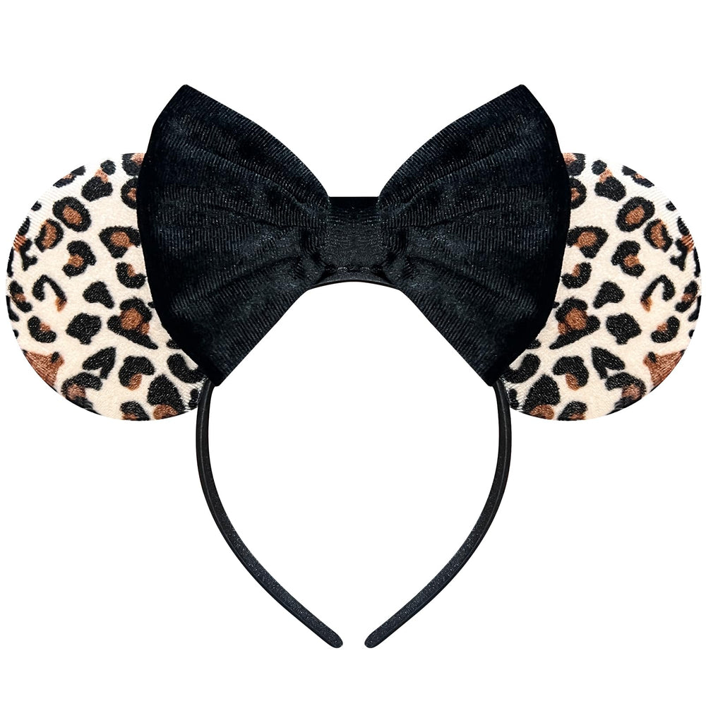 Bmobuo leopard print headband front view showing ears and bow, perfect for park days