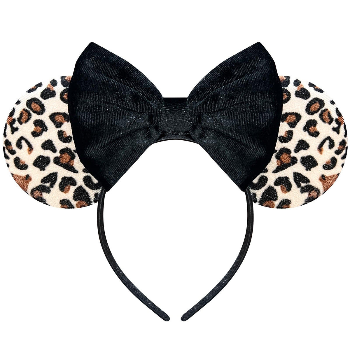 Bmobuo leopard print headband front view showing ears and bow, perfect for park days