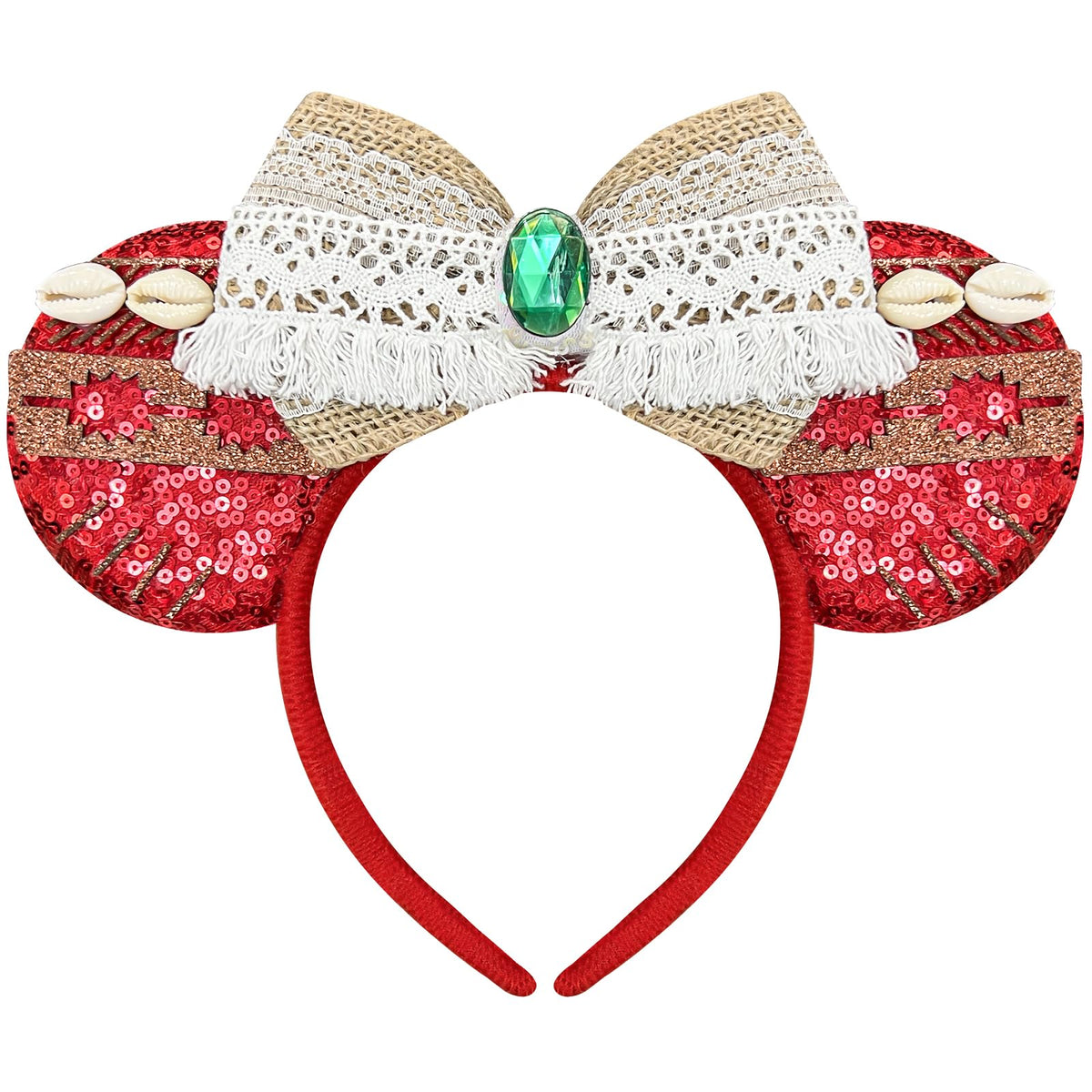 Bmobuo headband front view showing red mouse ears and shells for playful styling