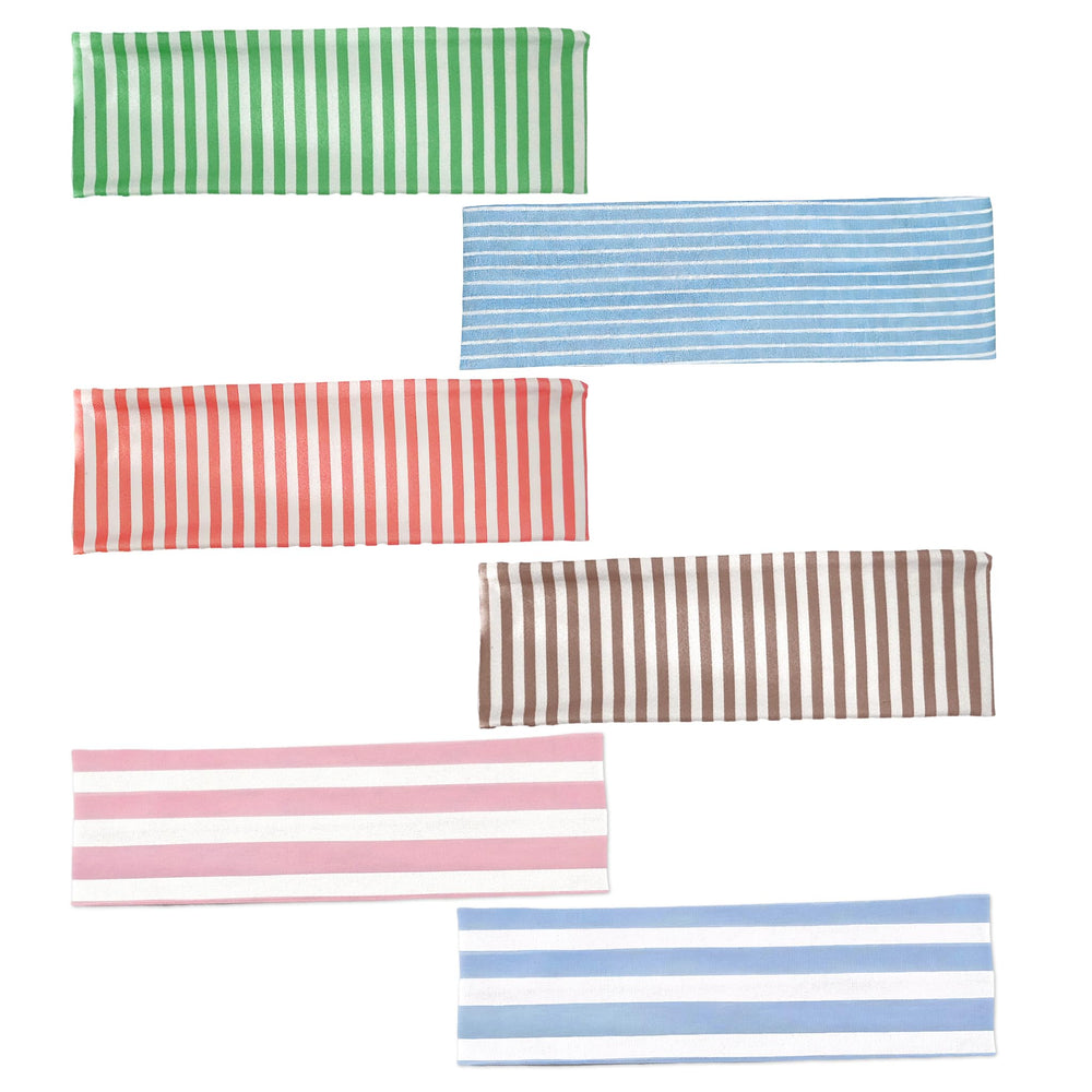 Bmpzery front view of 6-pack headbands showing vibrant stripes and variety, easy styling benefit