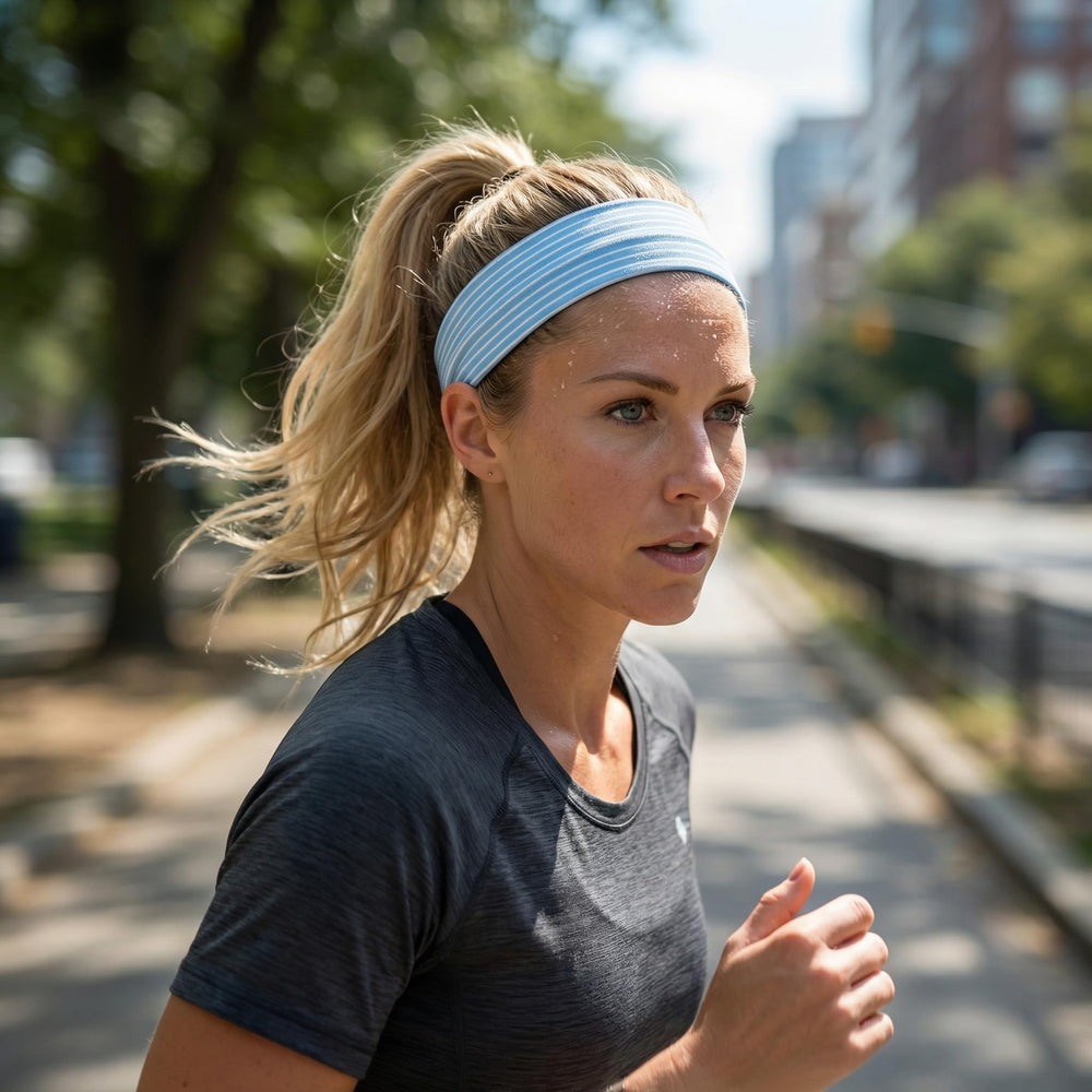 Bmpzery headband worn during yoga demonstrating stay-put fit and moisture control benefit