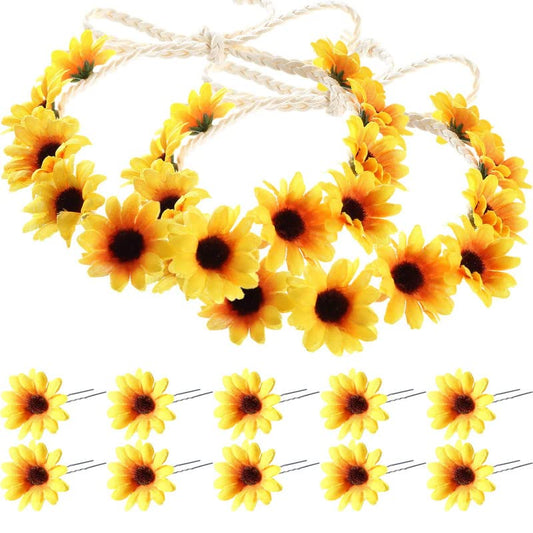 Boao sunflower headband front view showing braided crown and bright petals for standout looks