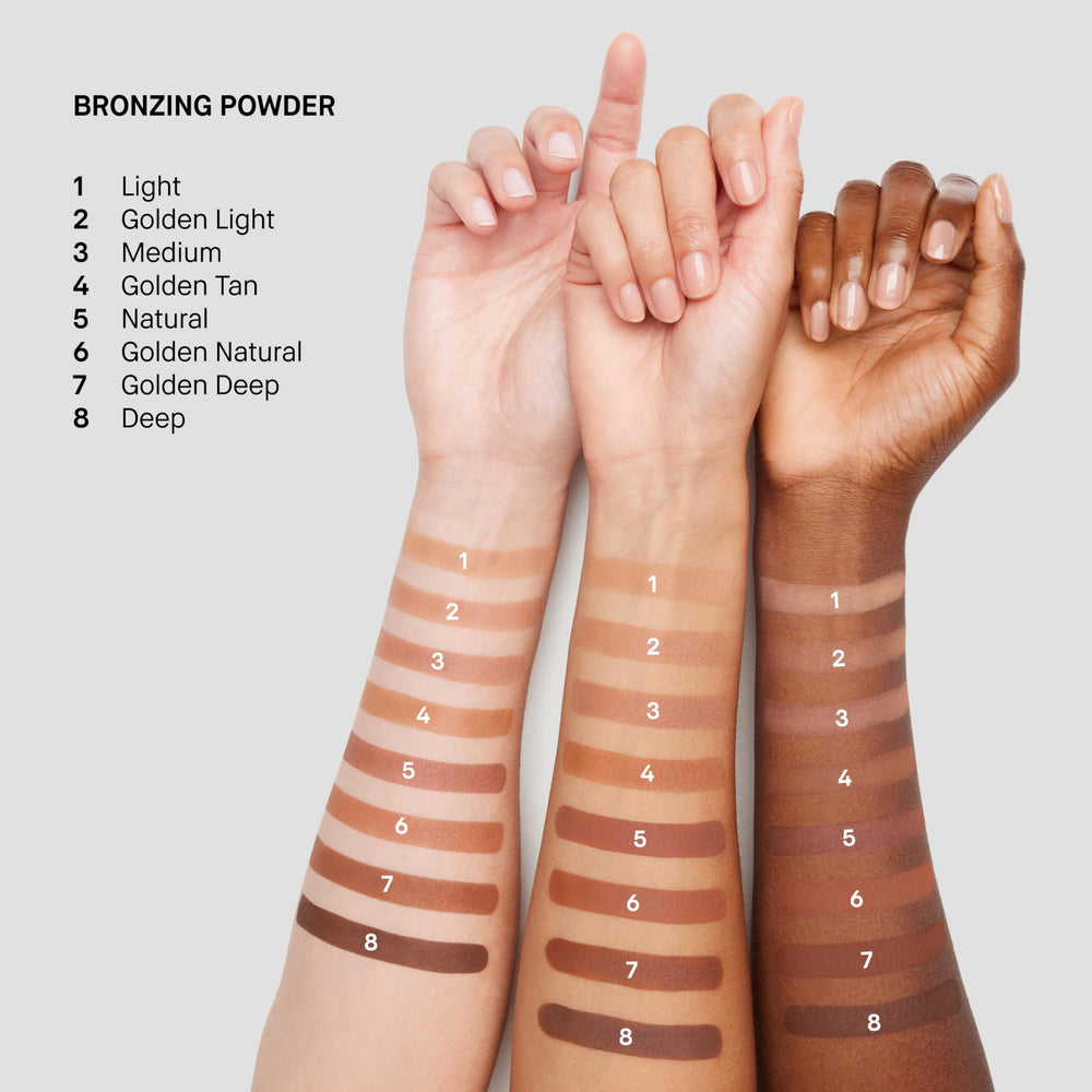 Bobbi Brown bronzing powder packaging and label highlighting artist-curated shades benefit