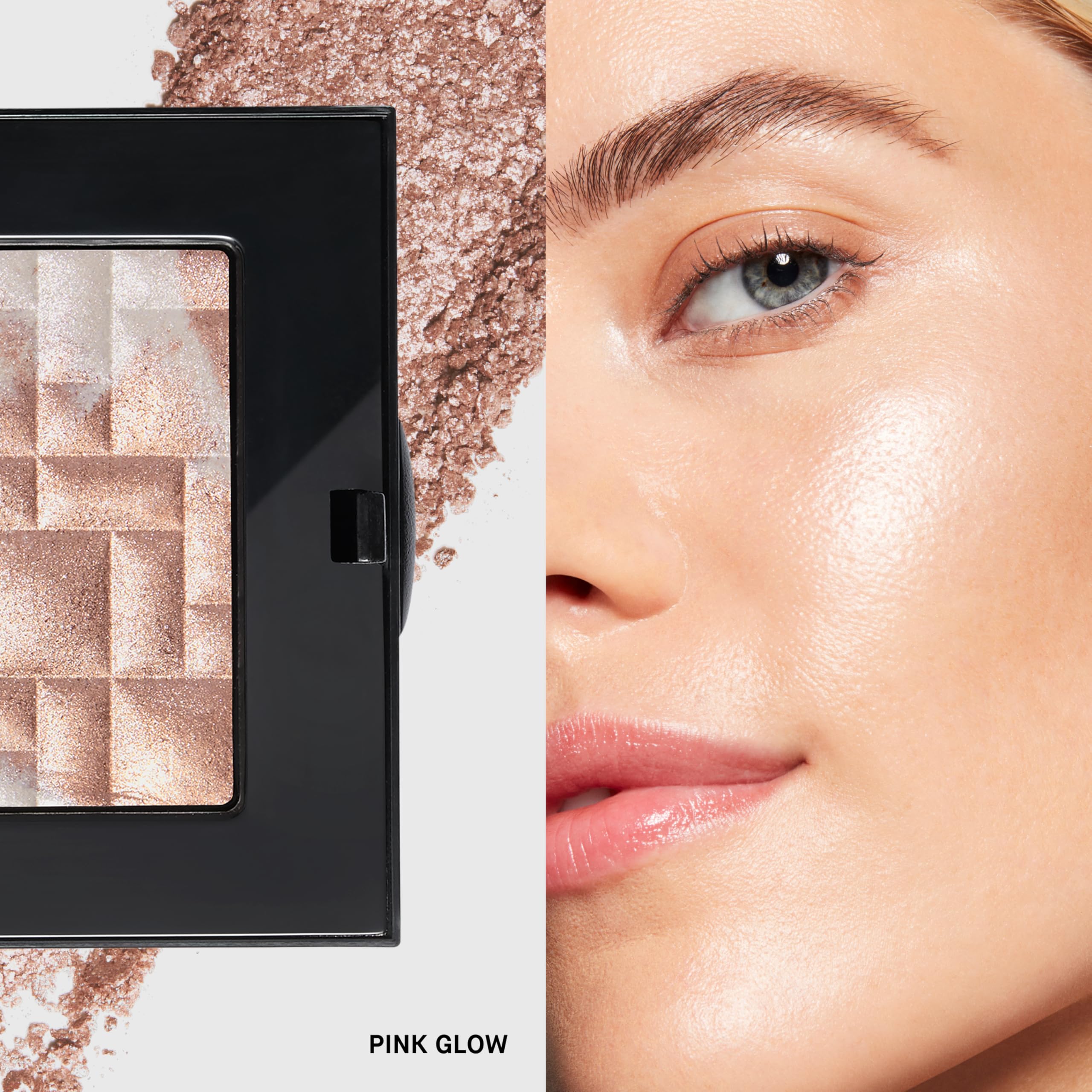 Bobbi Brown highlighter pan close-up showing pearl-infused texture and smooth finish benefit