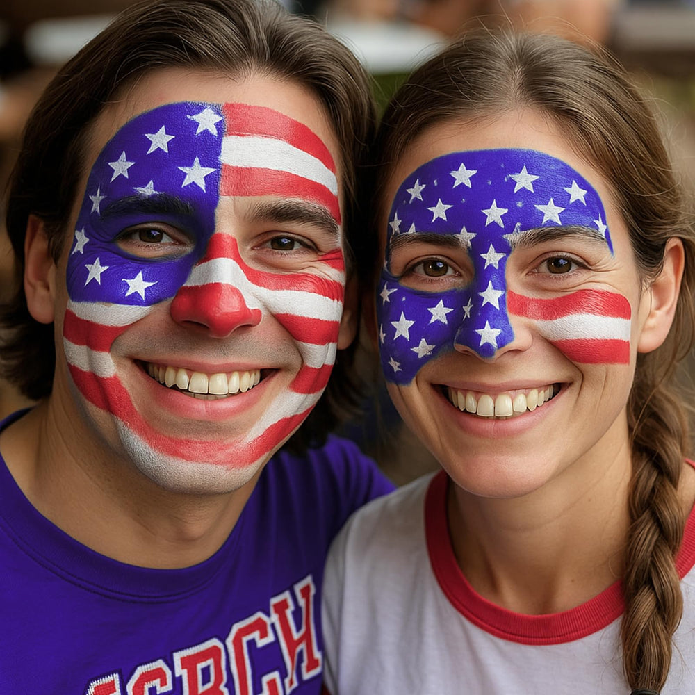 BOBISUKA face painting in use showing flag stripes applied to cheek confidently