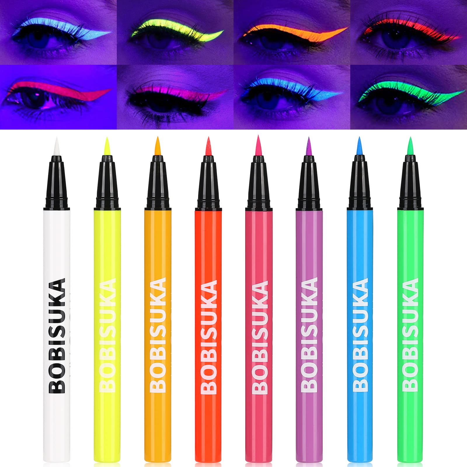 BOBISUKA front packaging showing eight neon eyeliner pens and benefits