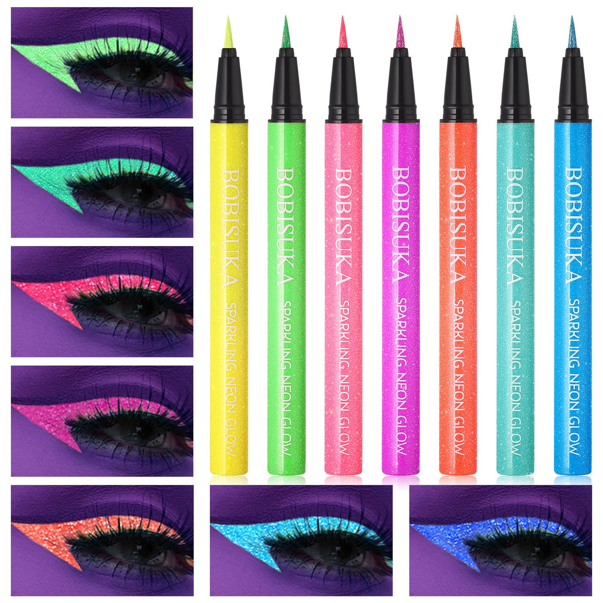 BOBISUKA front packaging showing seven glitter neon eyeliner pens and benefits