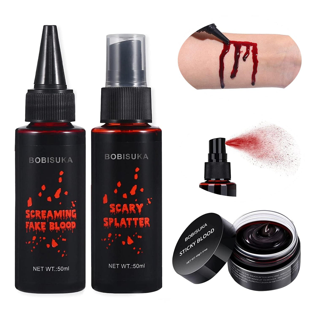BOBISUKA front packaging showing three fake blood bottles and labels for quick selection