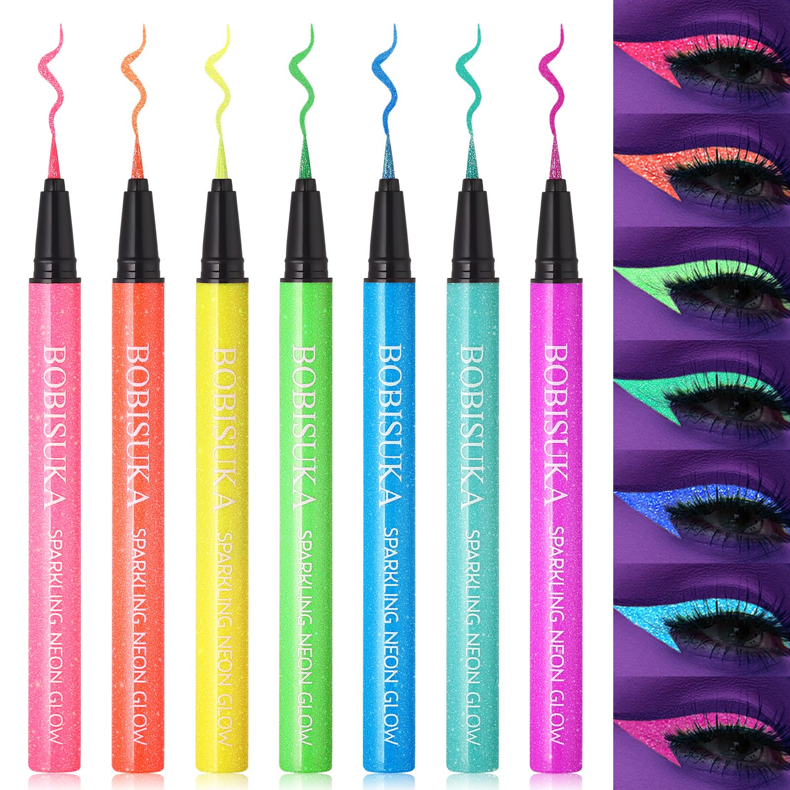 BOBISUKA front packaging displaying seven neon eyeliner pens and benefits