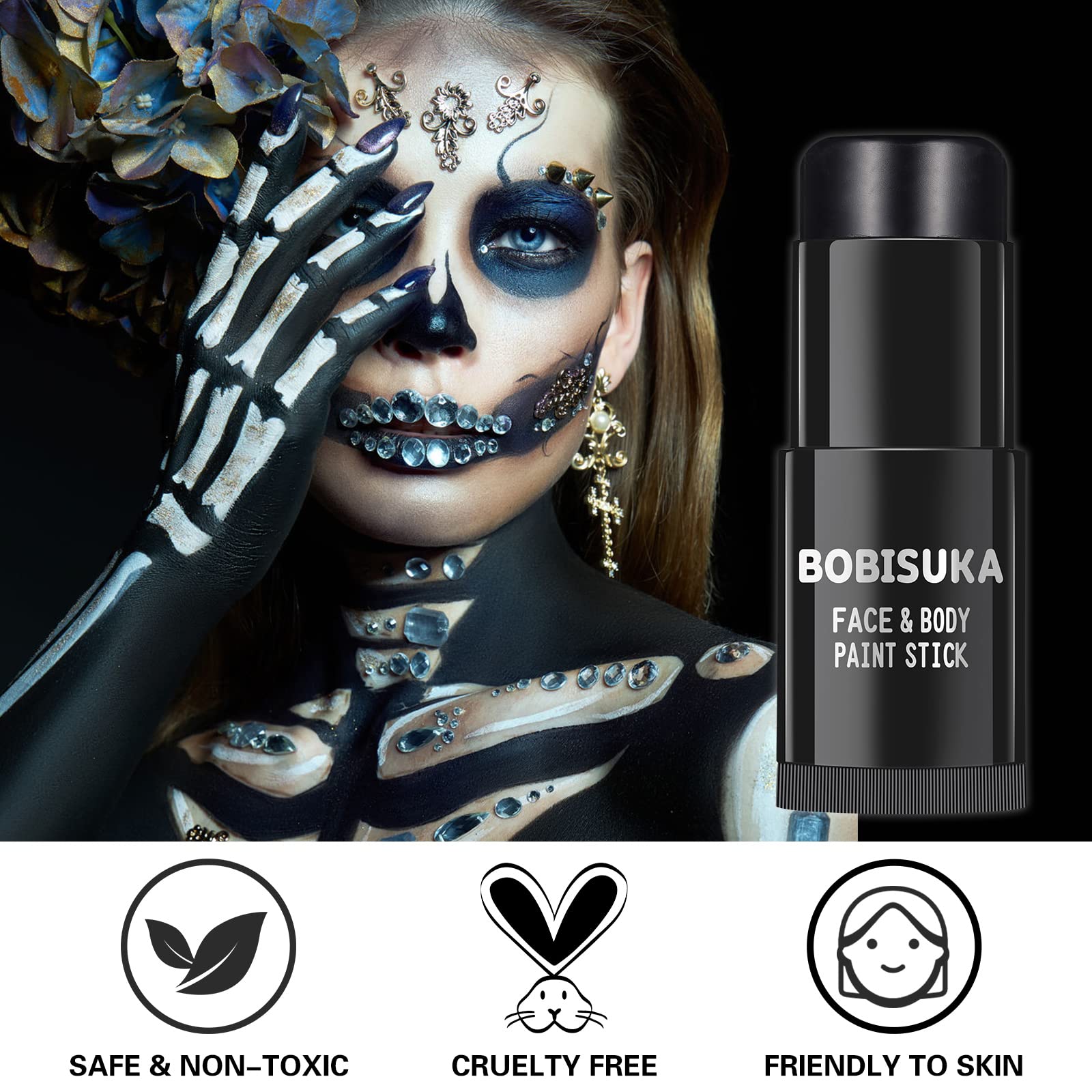 BOBISUKA used for Halloween skeleton makeup creating bold, stage-ready contrast