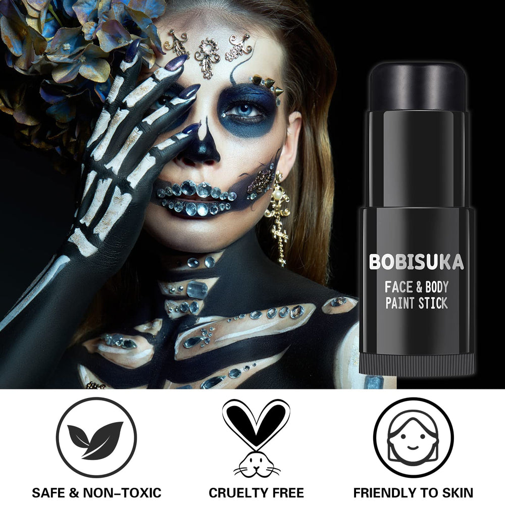 BOBISUKA used for Halloween skeleton makeup creating bold, stage-ready contrast