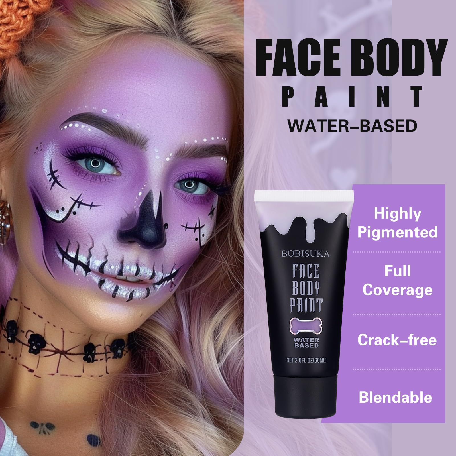 BOBISUKA model wearing light purple face paint for cosplay, highlights vivid stage-ready color