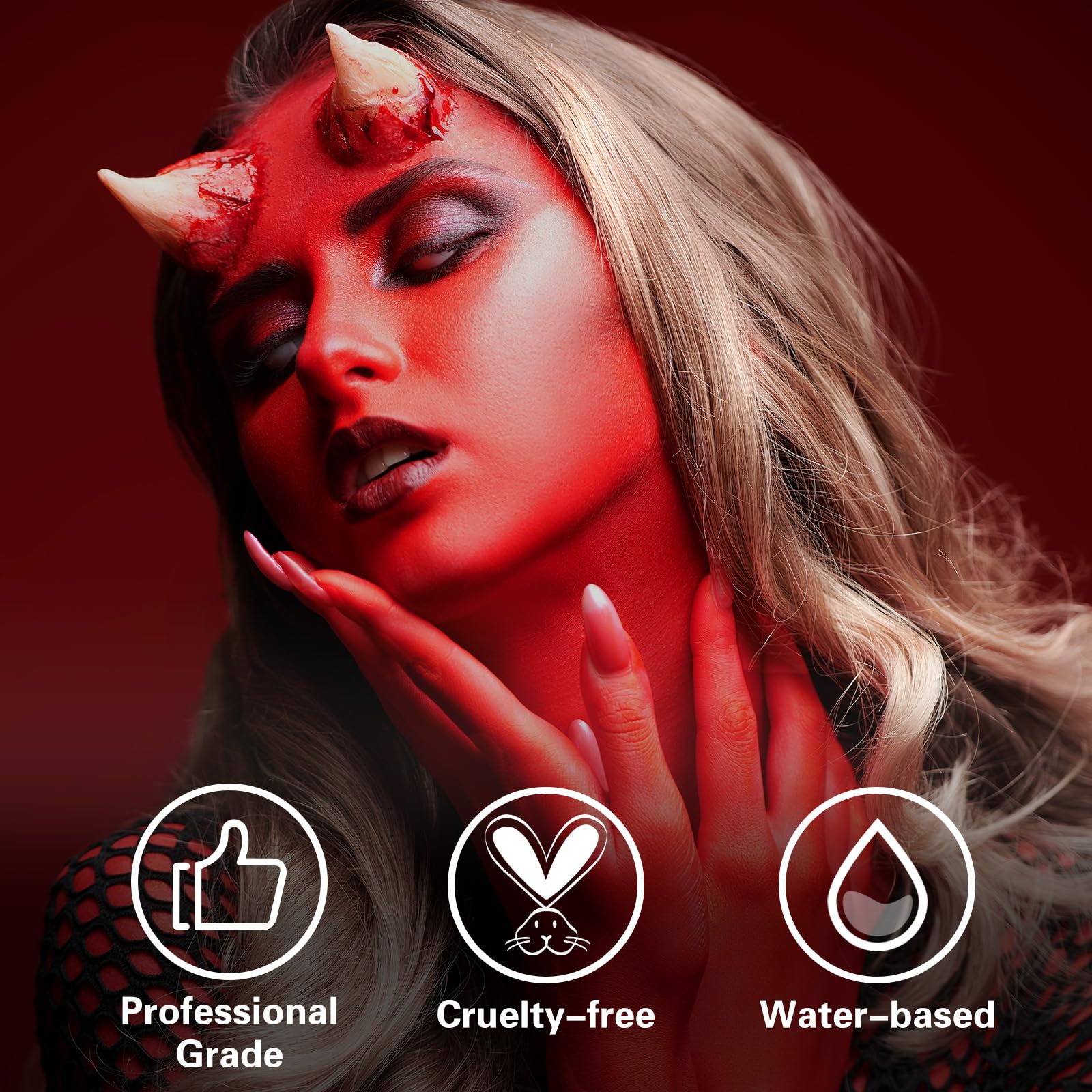 BOBISUKA red paint applied on adult face demonstrating bold coverage