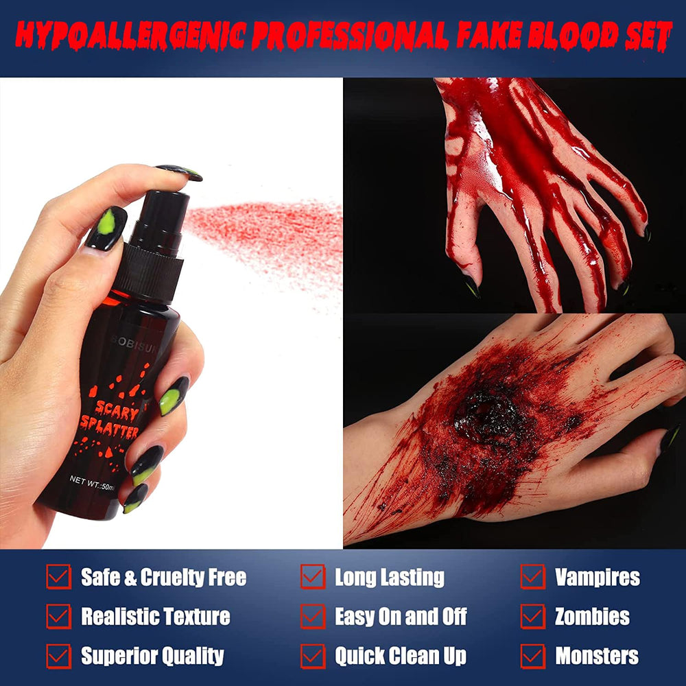 BOBISUKA spraying bright red blood onto skin demonstrating fluid, camera-ready flow