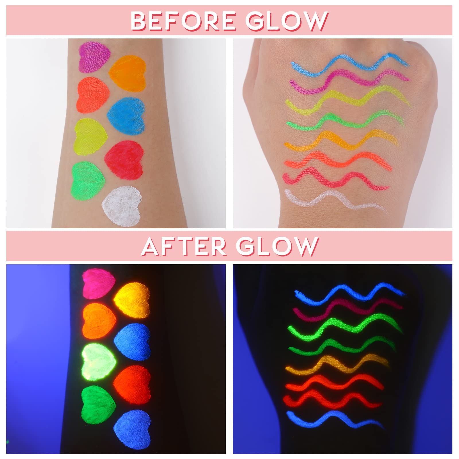 BOBISUKA eyeliners glowing under UV blacklight for festival impact
