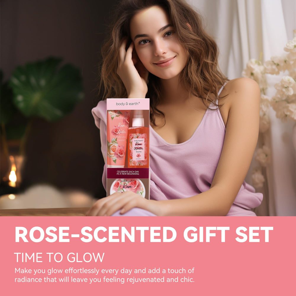 BODY & EARTH perfume spray bottle detail conveying delicate rose scent and lasting freshness