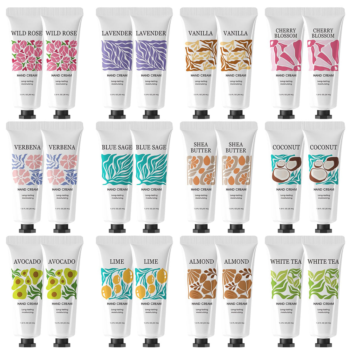 BODY & EARTH # LOVE front packaging showing 24 mini hand cream tubes and colorful labels for gifting benefit