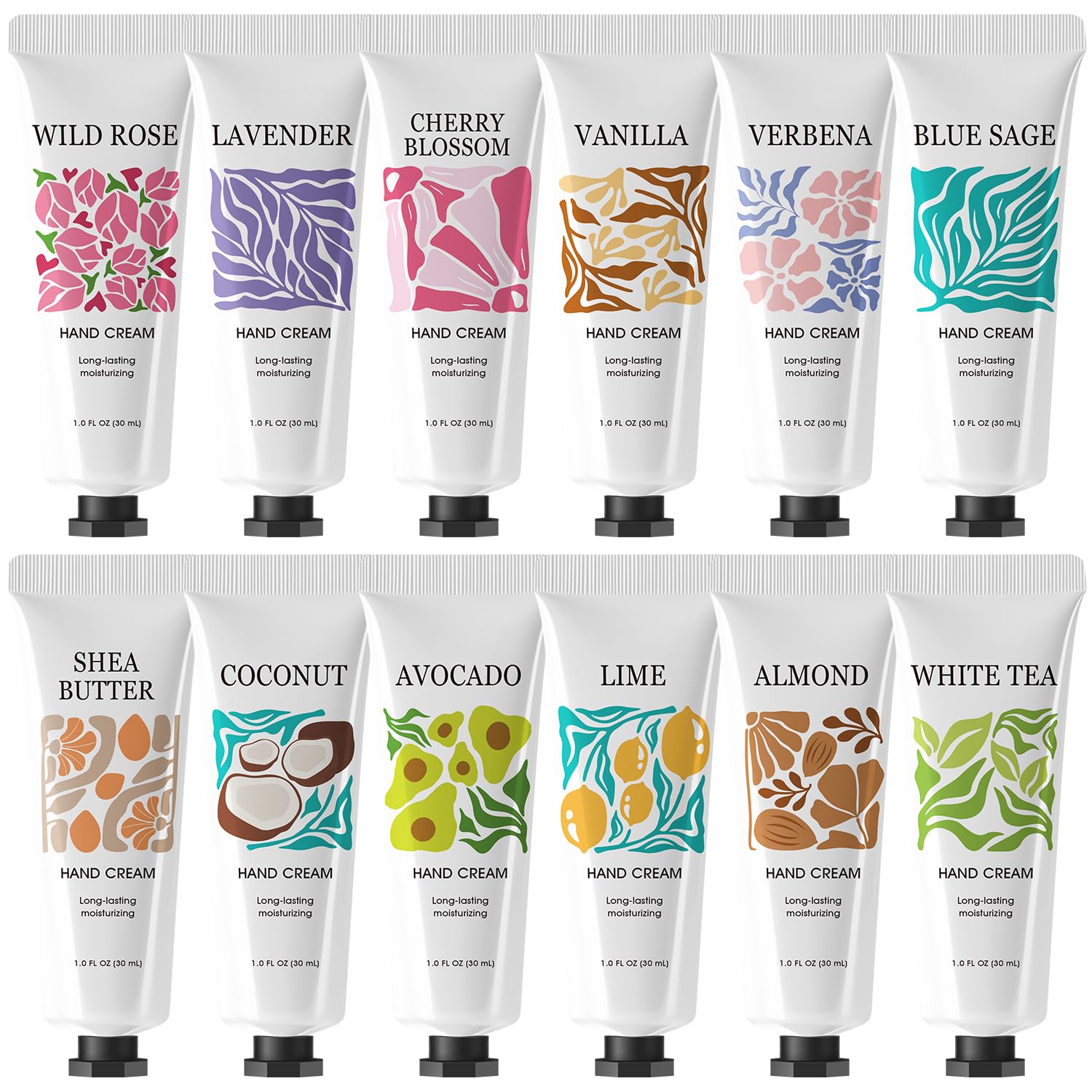 BODY & EARTH # LOVE front packaging showing 12 mini hand cream tubes and scent variety benefits