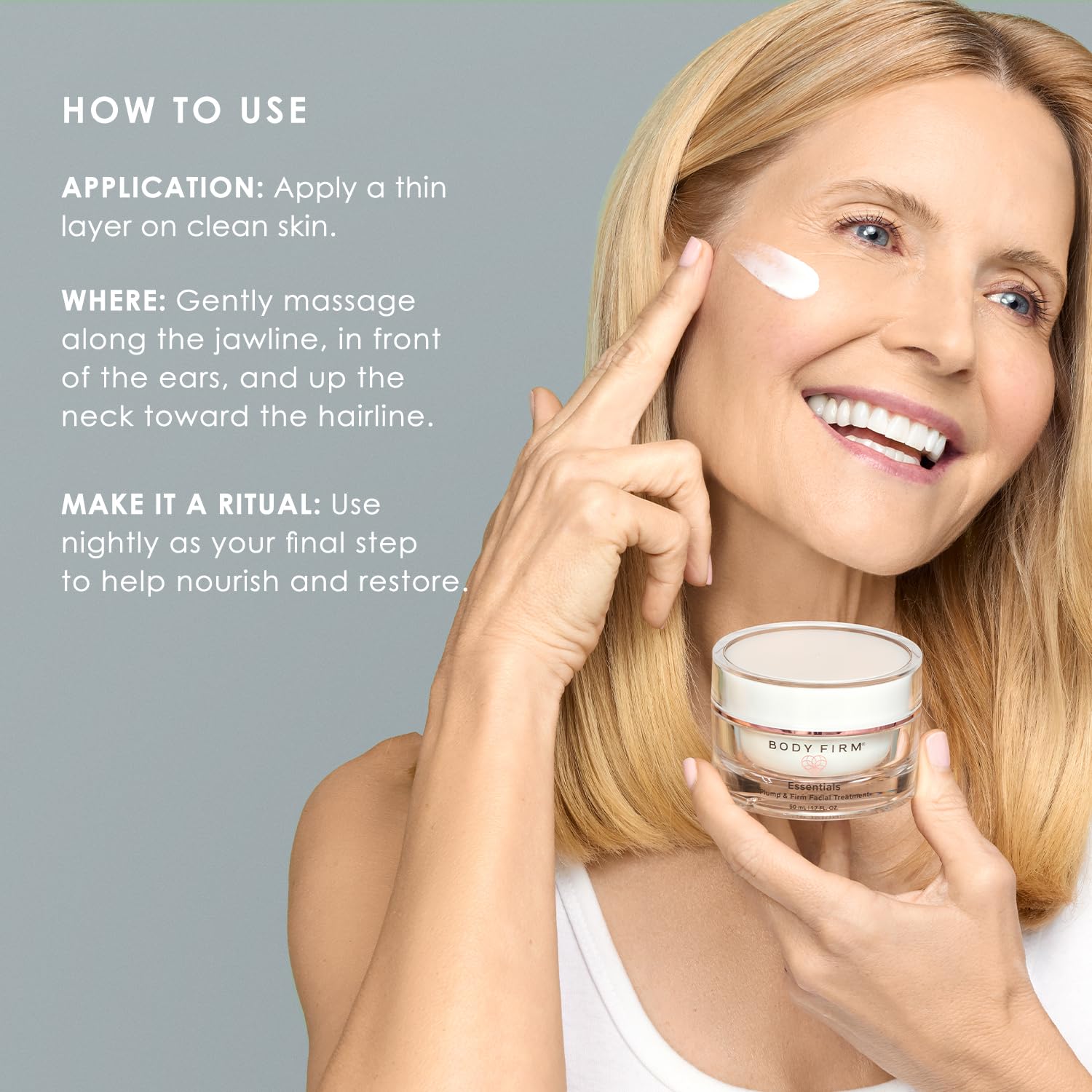 BODY FIRM before and after focus on cheek area showing improved plumpness and texture