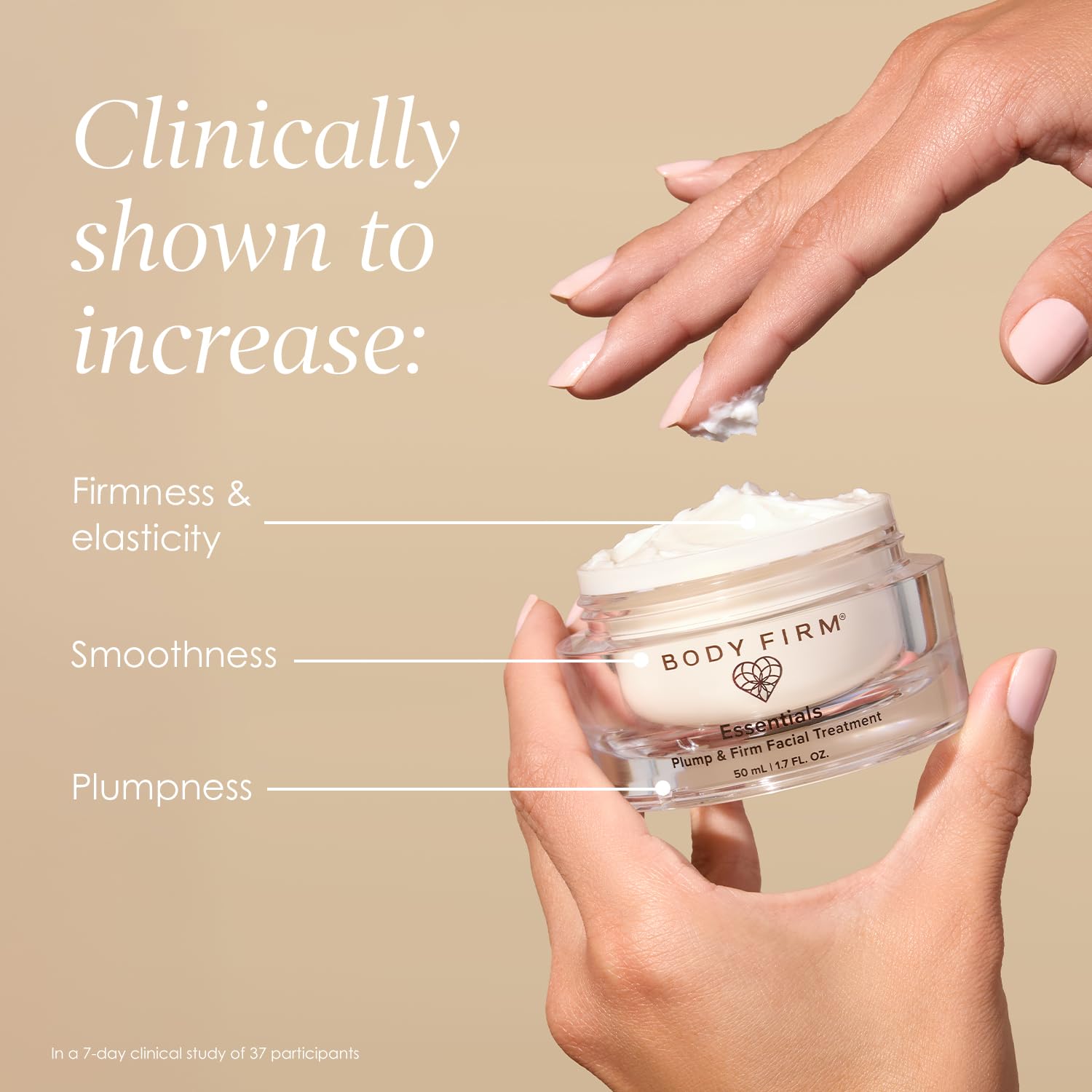 BODY FIRM open jar showing whipped cream texture for fast absorption and hydration