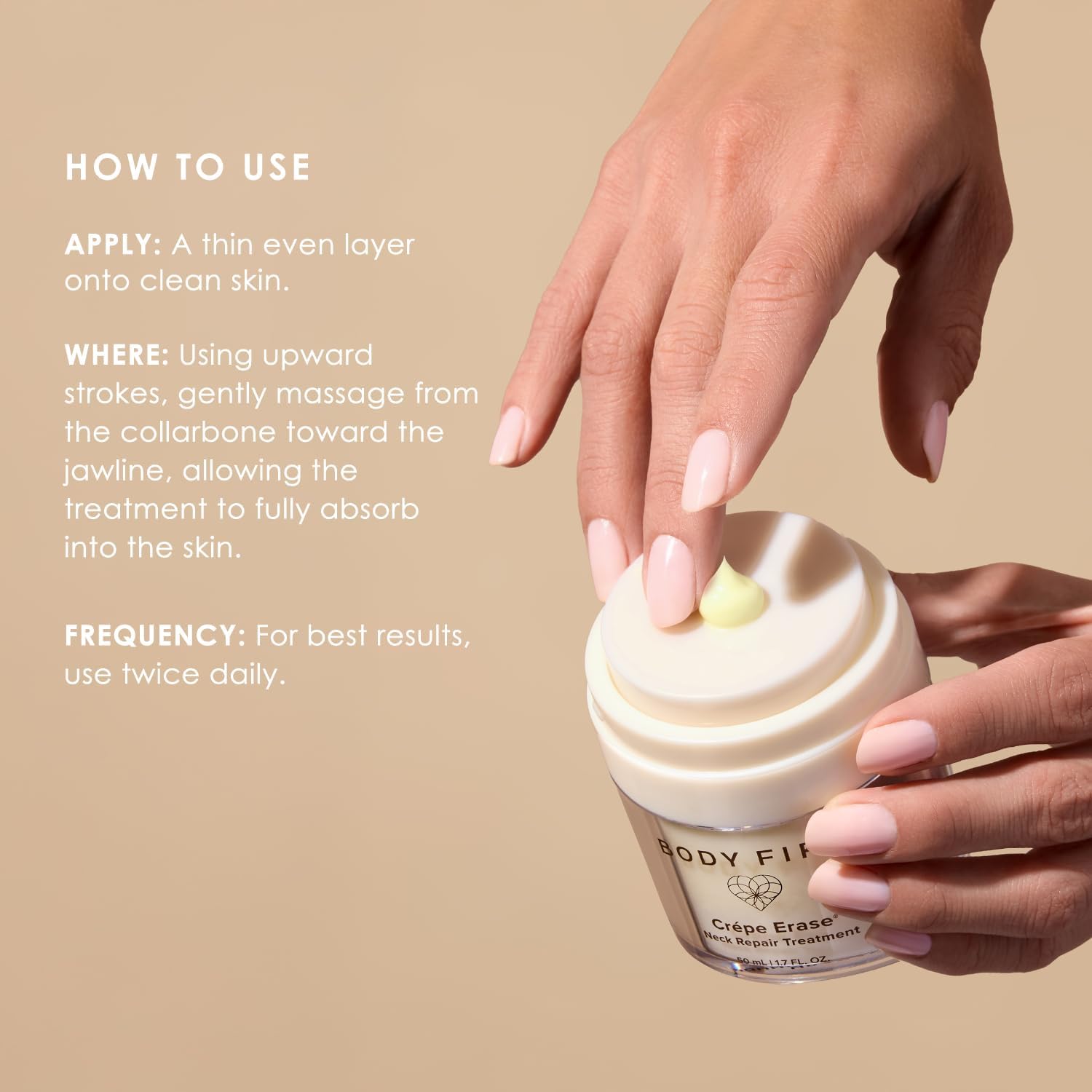 BODY FIRM jar next to ruler showing 1.7 fl oz travel-friendly size benefit