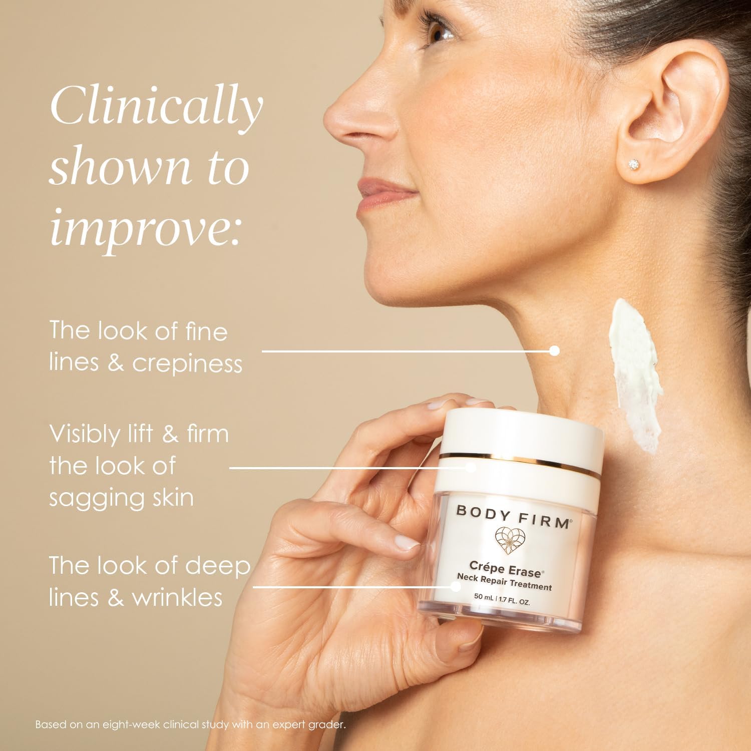BODY FIRM shown being applied to neck demonstrating firmer-looking skin
