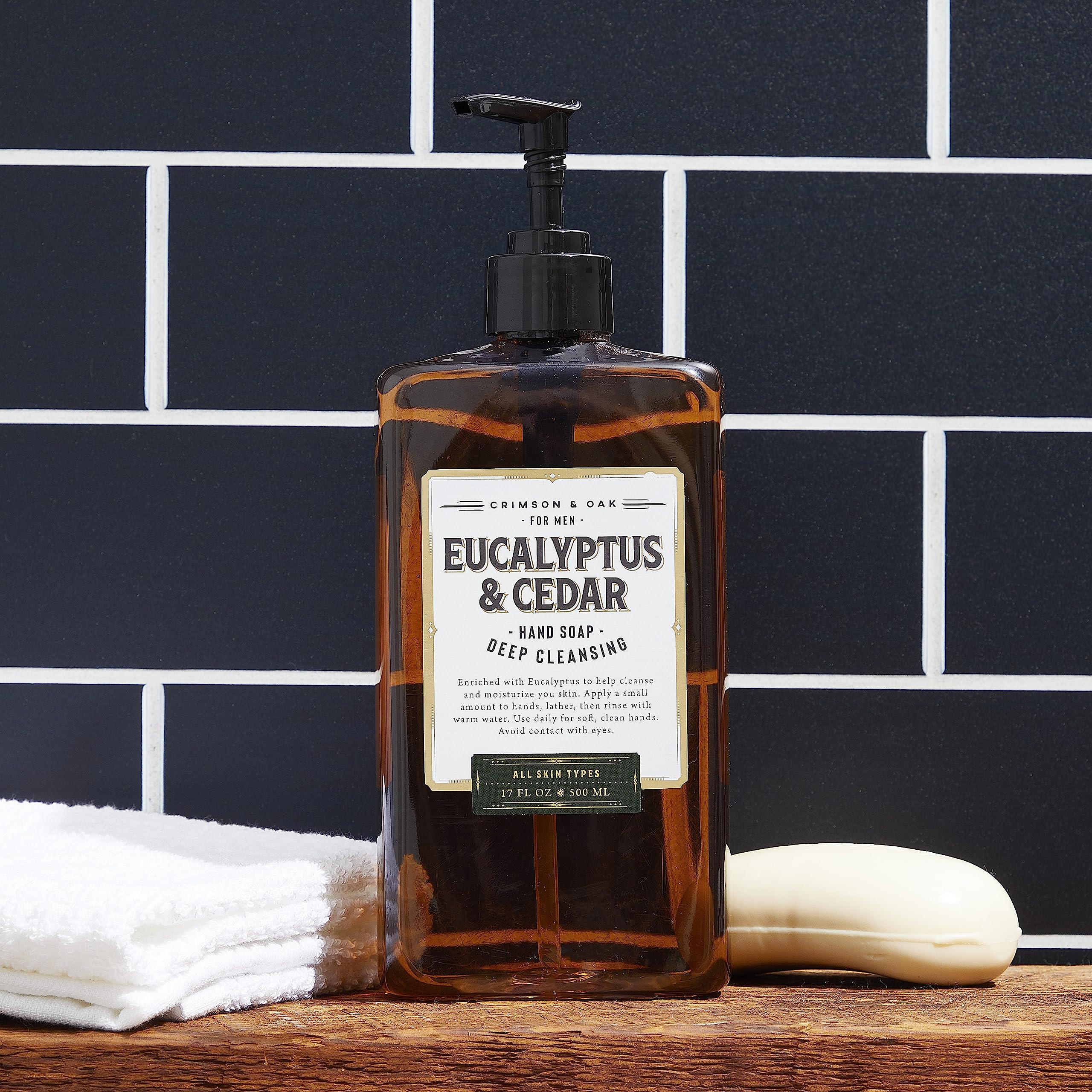 Body Prescriptions bottle styled in bathroom setting conveying eucalyptus cedar scent and aesthetic benefit