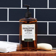 Body Prescriptions bottle styled in bathroom setting conveying eucalyptus cedar scent and aesthetic benefit