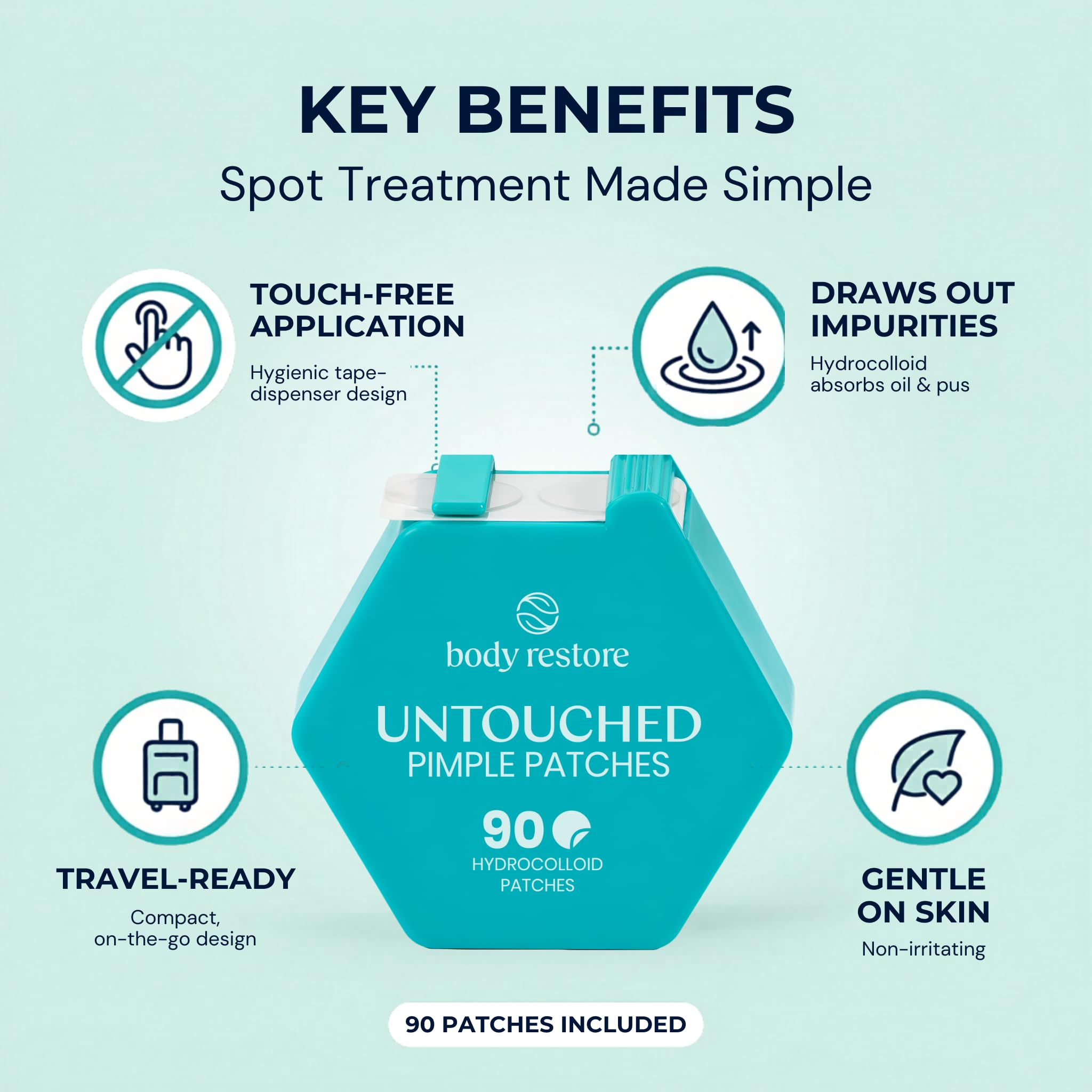 Body Restore dispenser detail highlighting no-touch feature for cleaner use
