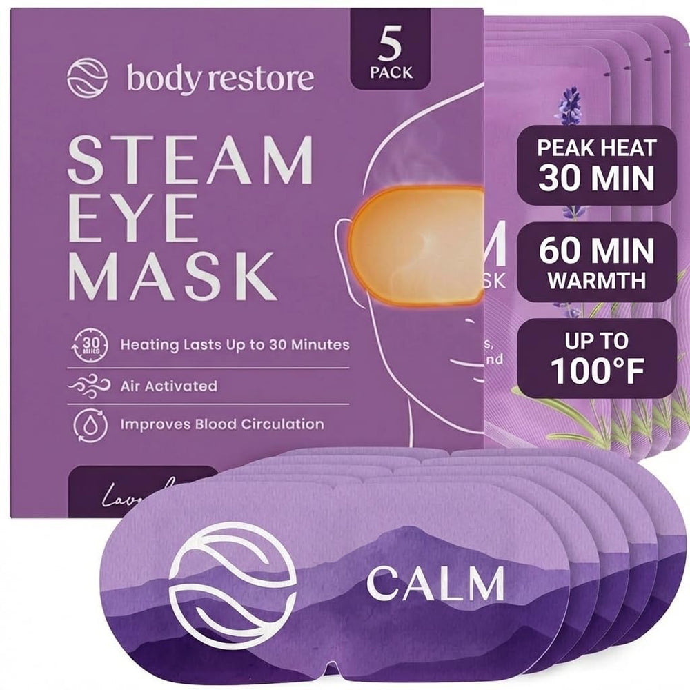 Body Restore front packaging showing five lavender eye masks and gift-ready box benefit relaxation