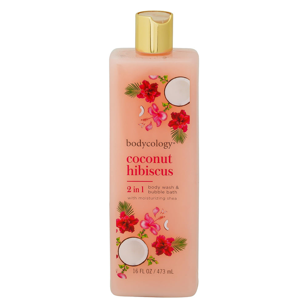 Bodycology front bottle showing coconut hibiscus scent and clear branding for a refreshing shower