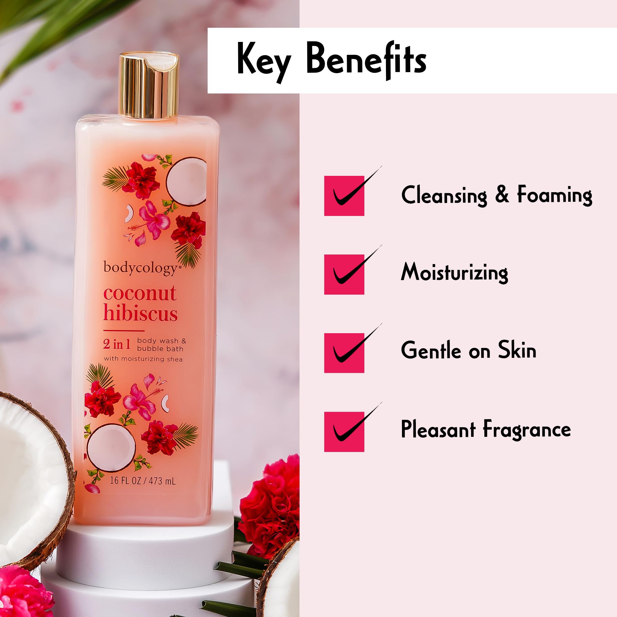 Bodycology bottle held in a shower demonstrating in-use cleansing and aroma experience