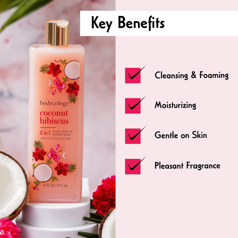 Bodycology bottle held in a shower demonstrating in-use cleansing and aroma experience