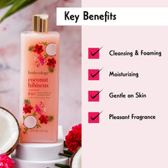 Bodycology bottle held in a shower demonstrating in-use cleansing and aroma experience