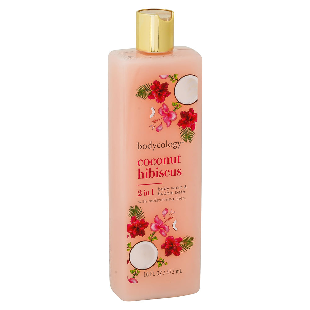 Bodycology label close-up highlighting coconut hibiscus name and product benefits on bottle