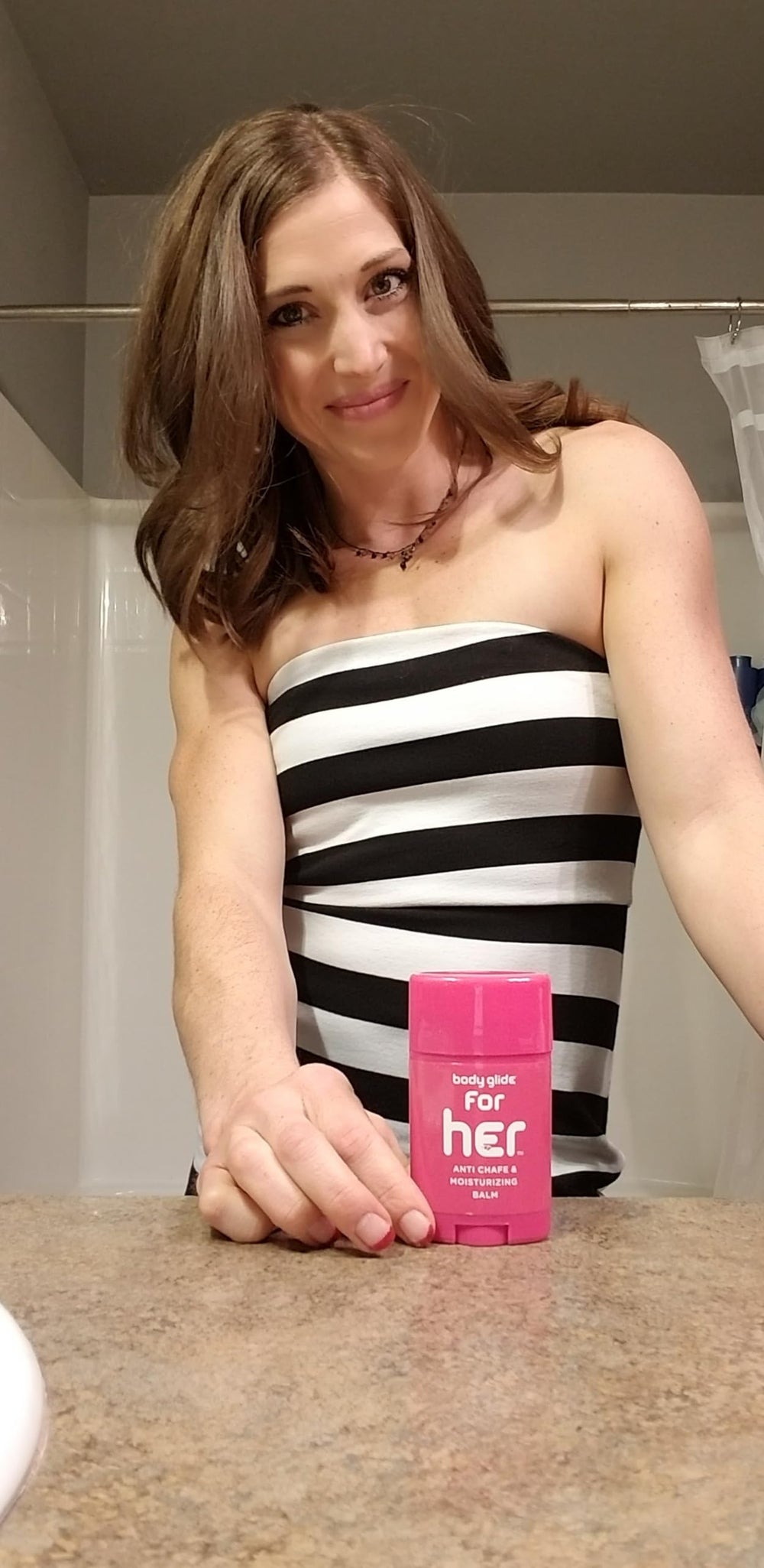 BodyGlide For Her applied to inner thigh during workout providing friction relief