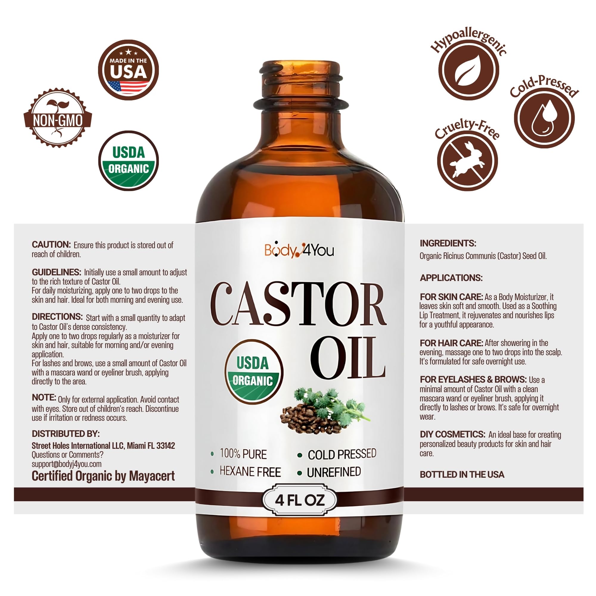 BodyJ4You amber bottle label close-up listing USDA Organic and ingredient purity benefit