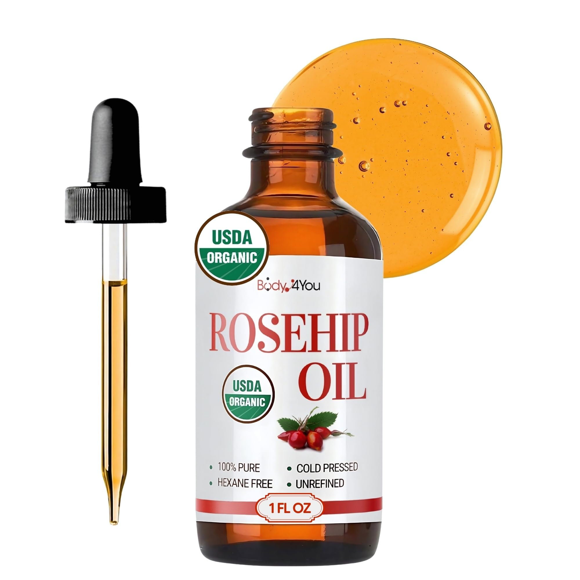 BodyJ4You front bottle view showing organic rosehip oil, highlights purity and freshness