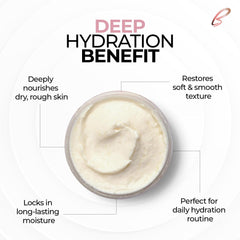 Bodystry rose oil butter applied in hand illustrating smooth spread and nourishment