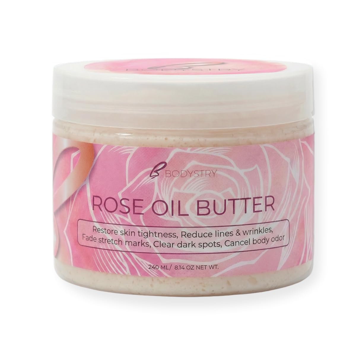Bodystry rose oil butter front tub showing label and size for long-lasting hydration