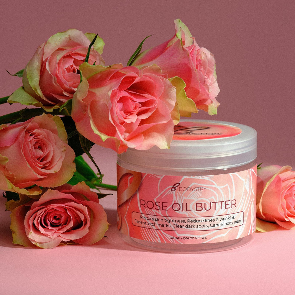 Bodystry rose oil butter on bathroom vanity in routine setting promoting daily care