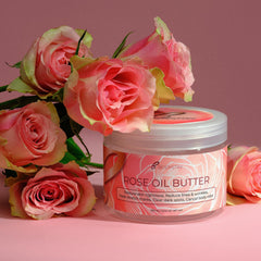 Bodystry rose oil butter on bathroom vanity in routine setting promoting daily care