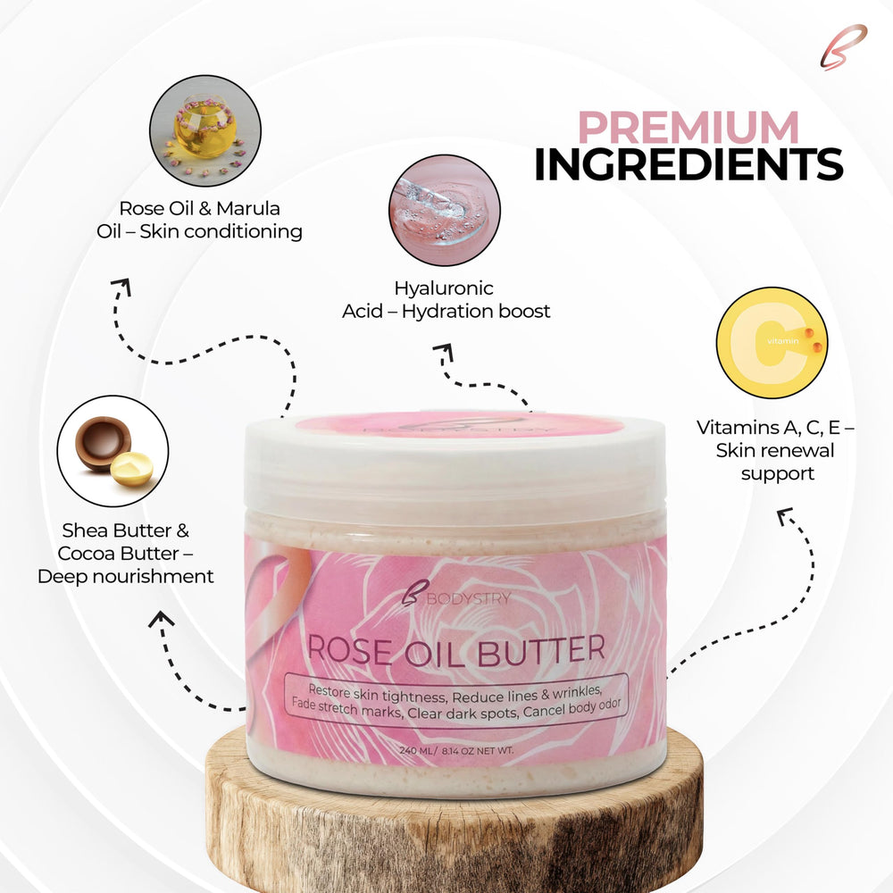 Bodystry rose oil butter rich creamy texture close-up demonstrating fast absorption
