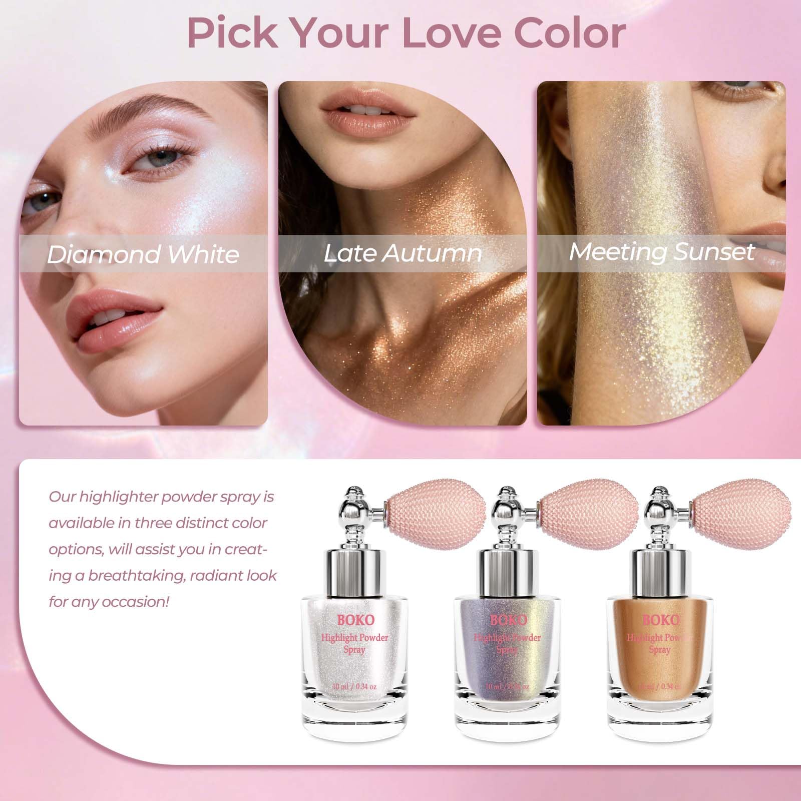 Boko sprayed mist on skin showing fine shimmer and smooth finish