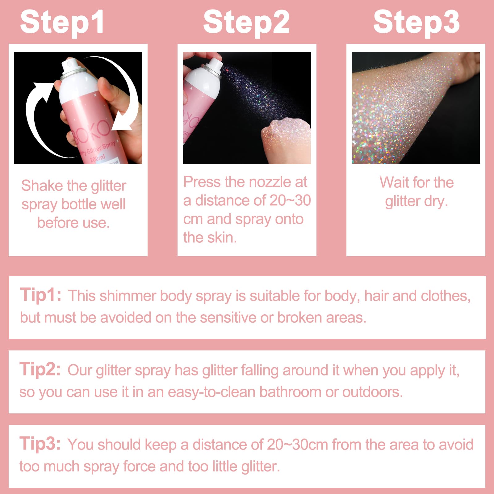 Boko label close-up listing volume and cosmetic-grade glitter benefit