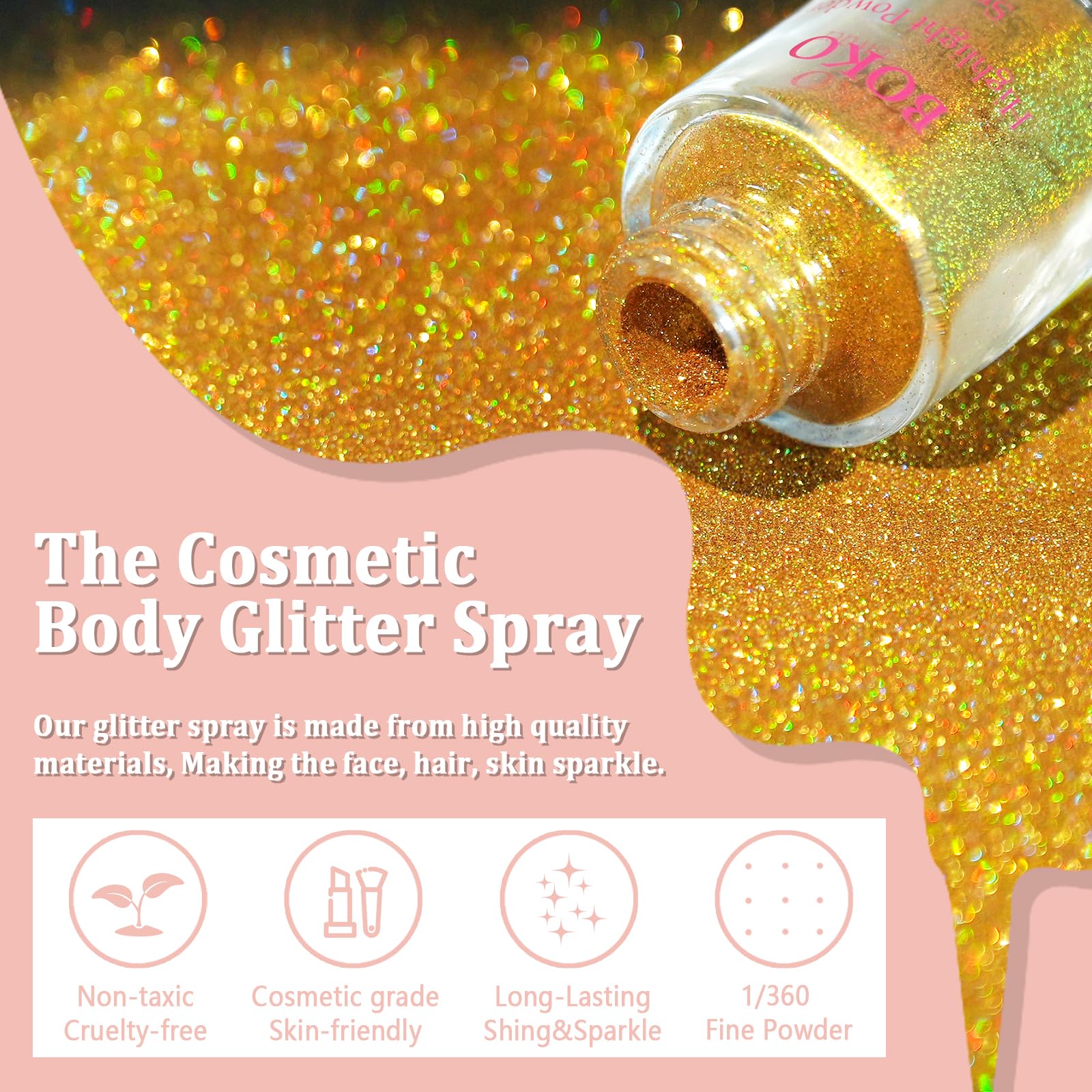 Boko spraying fine holographic gold mist demonstrating easy application benefit