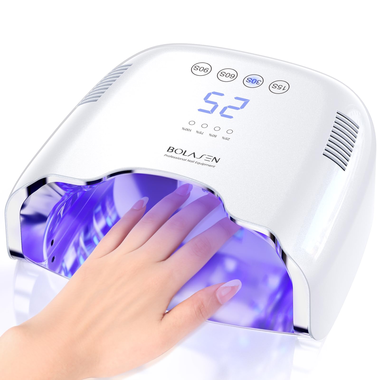 BOLASEN front view of white cordless nail lamp showing clean profile and portability