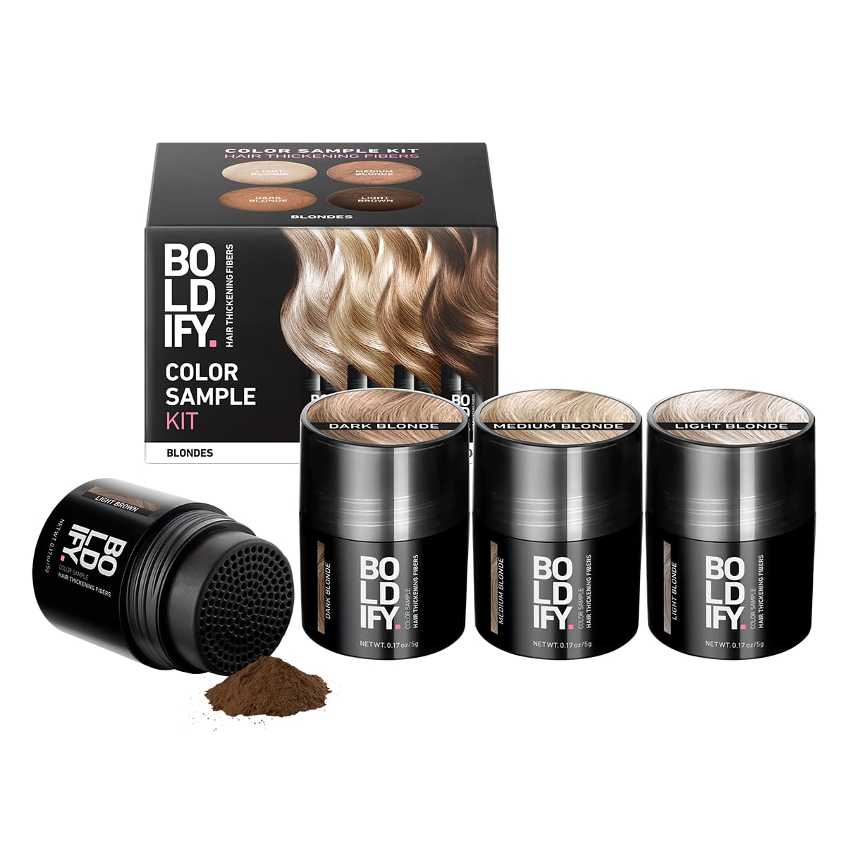 Boldify front packaging of 14-shade sample kit showing selection benefit